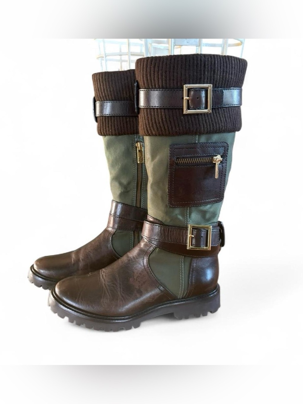Tory Burch Brown & Green Military Moto Boots 5.5 Combat Buckle Side Zip Leather